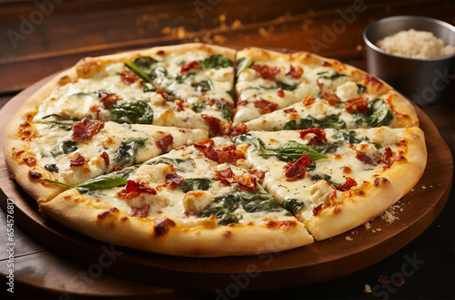 White Pizza made of olive oil and garlic base with mozzarella cheese, ricotta cheese, and toppings like spinach, artichokes, and sundried tomatoes