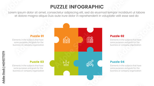 puzzle jigsaw infographic 4 point stage template with square shape combination on center with description for slide presentation