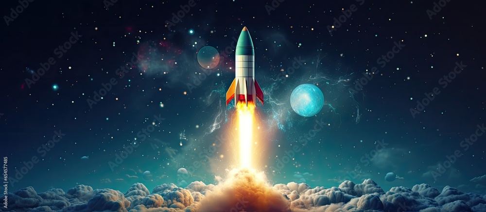 Launching a creative rocket in a starry sky Startup and travel concept Rendering - obrazy, fototapety, plakaty 