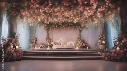 Wedding decor with flowers and candles. 3D rendering.