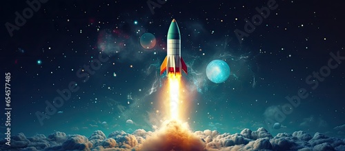 Launching a creative rocket in a starry sky Startup and travel concept Rendering