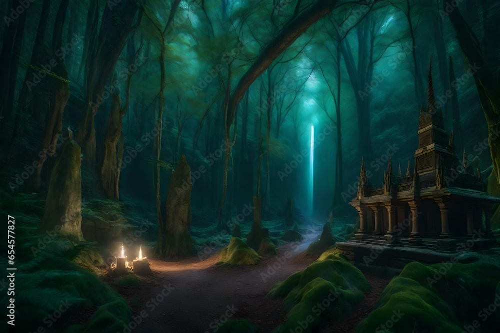 A mysterious forest in a fantasy world, illuminated by a shimmering unicorn, surrounded by a real-world tomb - AI Generative A mysterious forest in a fantasy world, illuminated by a shimmering unicorn, surrounded by a real-world tomb - AI Generative