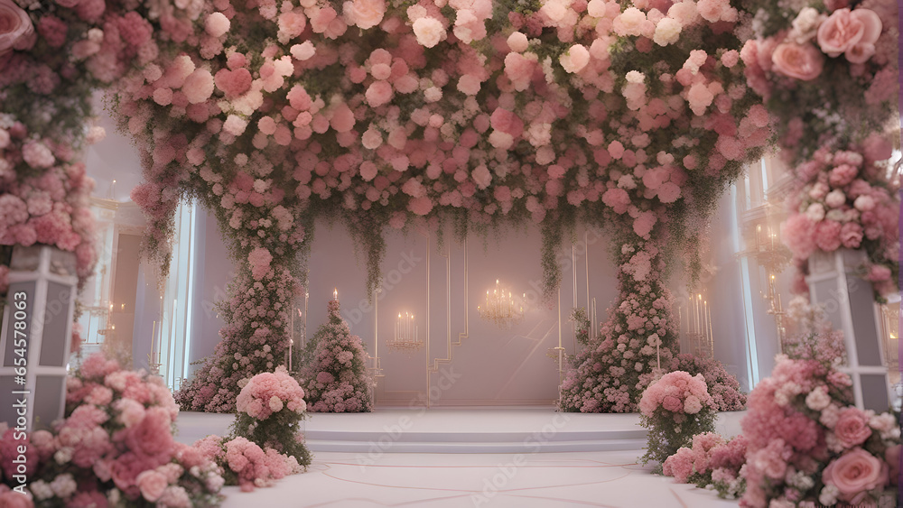 Wedding arch decorated with pink roses. 3d rendering.