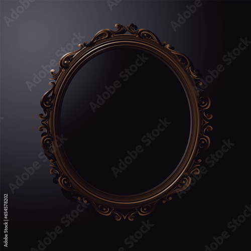 Black mirror. Dark mirror. Illustration of an oval gold frame on a black background with copy space