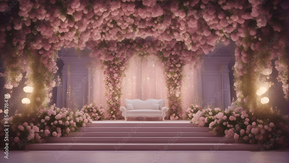 3D rendering of a luxurious room decorated with flowers and a sofa