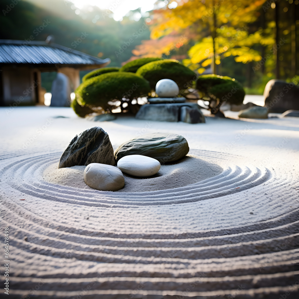 Zen garden with zen stones, Rock garden with perfectly raked gravel and moss, symbolizing simplicity and peace