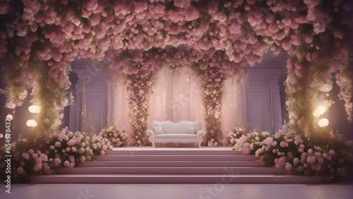 3D rendering of a luxurious room decorated with flowers and a sofa
