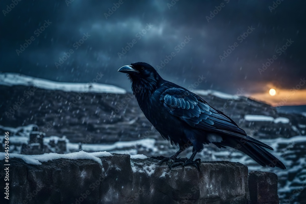 Fototapeta premium Angry ravens of the black tomb, fire, ice, snow, rain, sunset - AI Generative