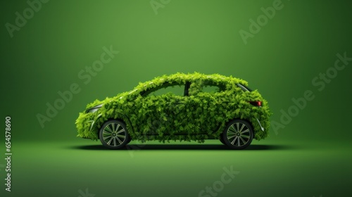 Car formed by green leaves and branches on a green background. Car ecology.