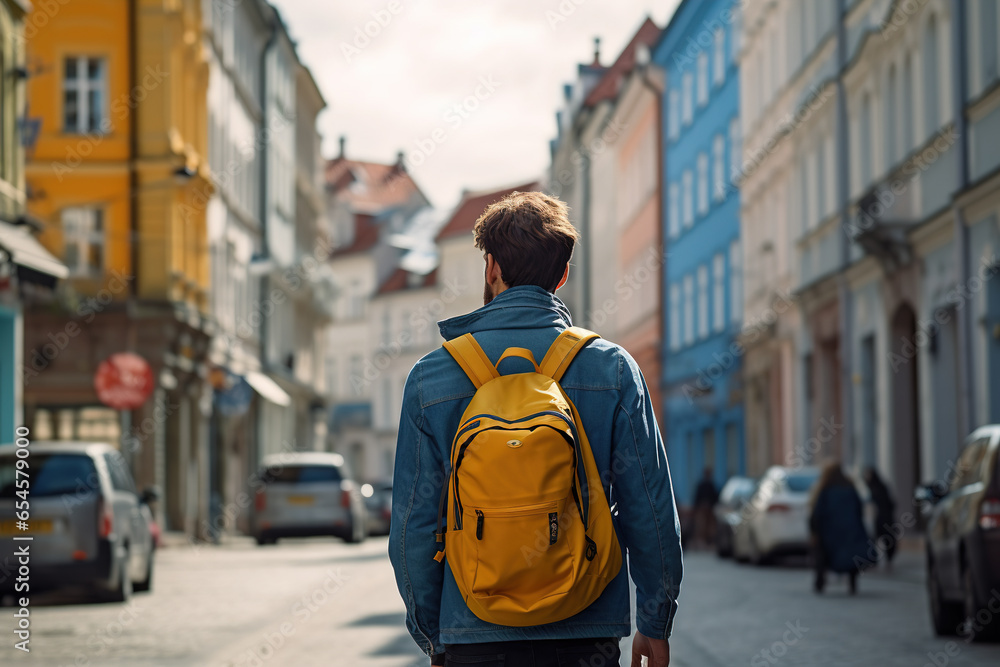 Fototapeta premium everyday life in the city, people in a side street, man with a yellow backpack and a blue jacket, city trip or travel, city life