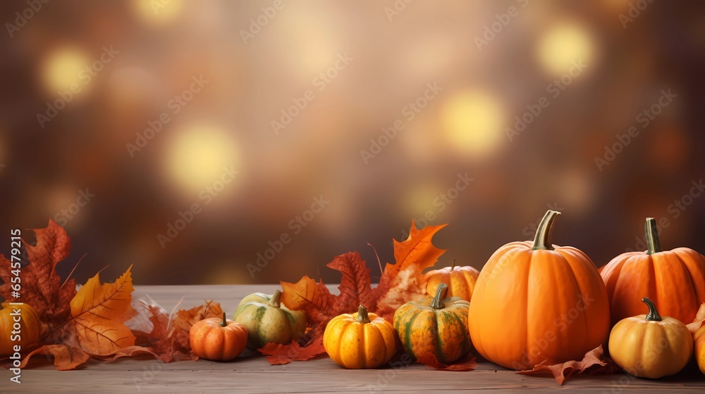 Thanksgiving Day, background of pumpkins, corn and leaves. - obrazy, fototapety, plakaty 