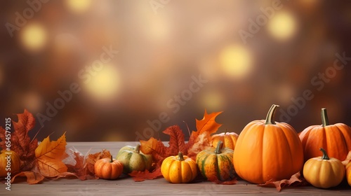 Thanksgiving Day, background of pumpkins, corn and leaves. photo
