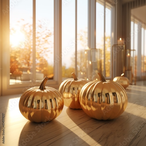 Thanksgiving Day, indoor decoration pumpkins and candles.
