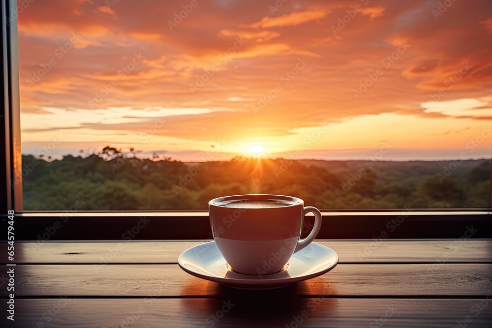 cup of coffee on the window with a view of the sunrise cup of coffee on the window with a view of the sunrise