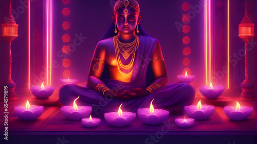 Beautiful woman sitting in a lotus position on the background of glowing candles