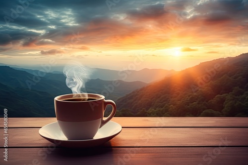 cup of coffee on the window with a view of the sunrise