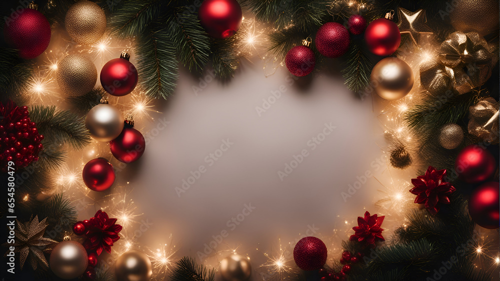 Christmas background with fir tree branches. red and golden balls and bokeh lights