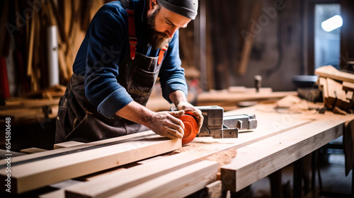 Detail of biscuit jointer at work on a plywood board photo