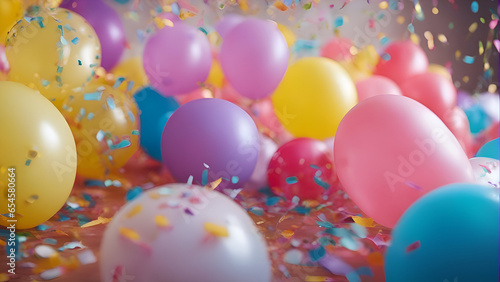 Colorful balloons and confetti flying in the air. 3d rendering