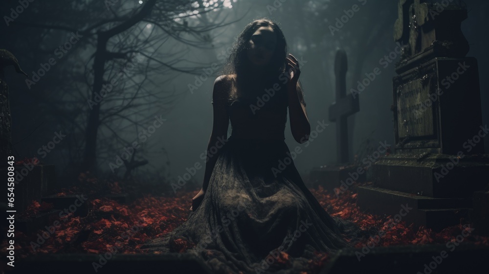 A Shadowy and Emotional Young Woman Grieves in a Graveyard Surrounded by Autumn Leaves