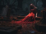 A Grieving Widow Sits Alone in a Graveyard Wearing a Vibrant Red Dress and Surrounded by Autumn Leaves