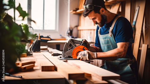 A man is currently cutting a piece of MDF board.