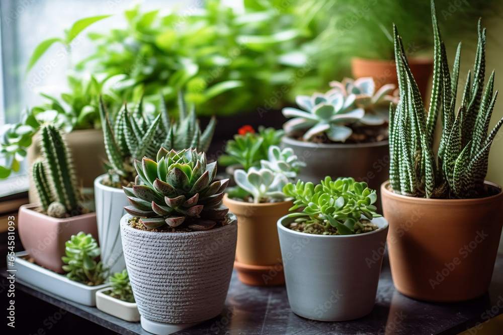 Diverse House Plant Collection Cacti and Succulents in Various Pots - Created with Generative AI Tool Diverse House Plant Collection Cacti and Succulents in Various Pots - Created with Generative AI Tool