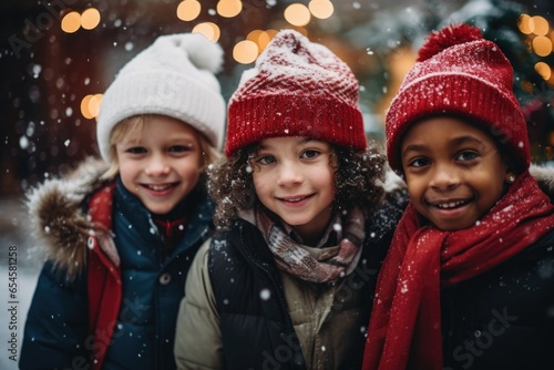 Portrait of young and diverse group of children outside during winter and snowfall