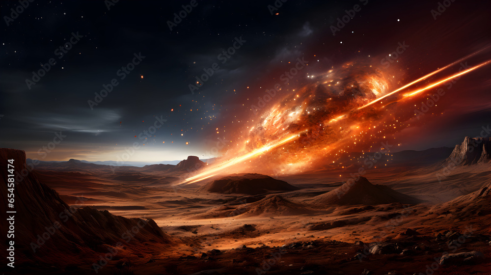 Craft an impactful image of a meteorite making its explosive descent onto Earth. Craft an impactful image of a meteorite making its explosive descent onto Earth.