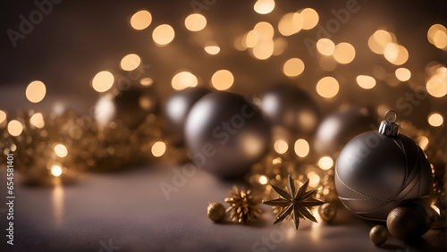 Christmas background with baubles and lights on bokeh background