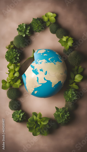 Planet earth surrounded by green sprouts and leaves. Conceptual image of environmental conservation.