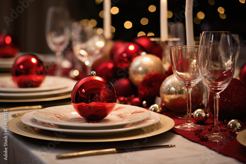 Christmas table setting with festive decor for party