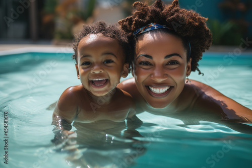 African American mother and her baby are swimming in a pool, smiling, lifestyle photoshoot