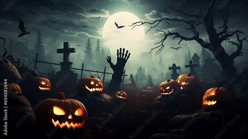 Zombie hands rise from graveyard with jack-o'-lanterns in misty night Zombie hands rise from graveyard with jack-o'-lanterns in misty night