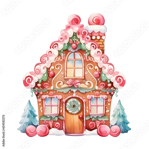 Watercolor Christmas festive gingerbread cute house with pin and white icing on roof, decorations, candies, frostings, trees in snow scene, isolated on white background, winter season, holiday