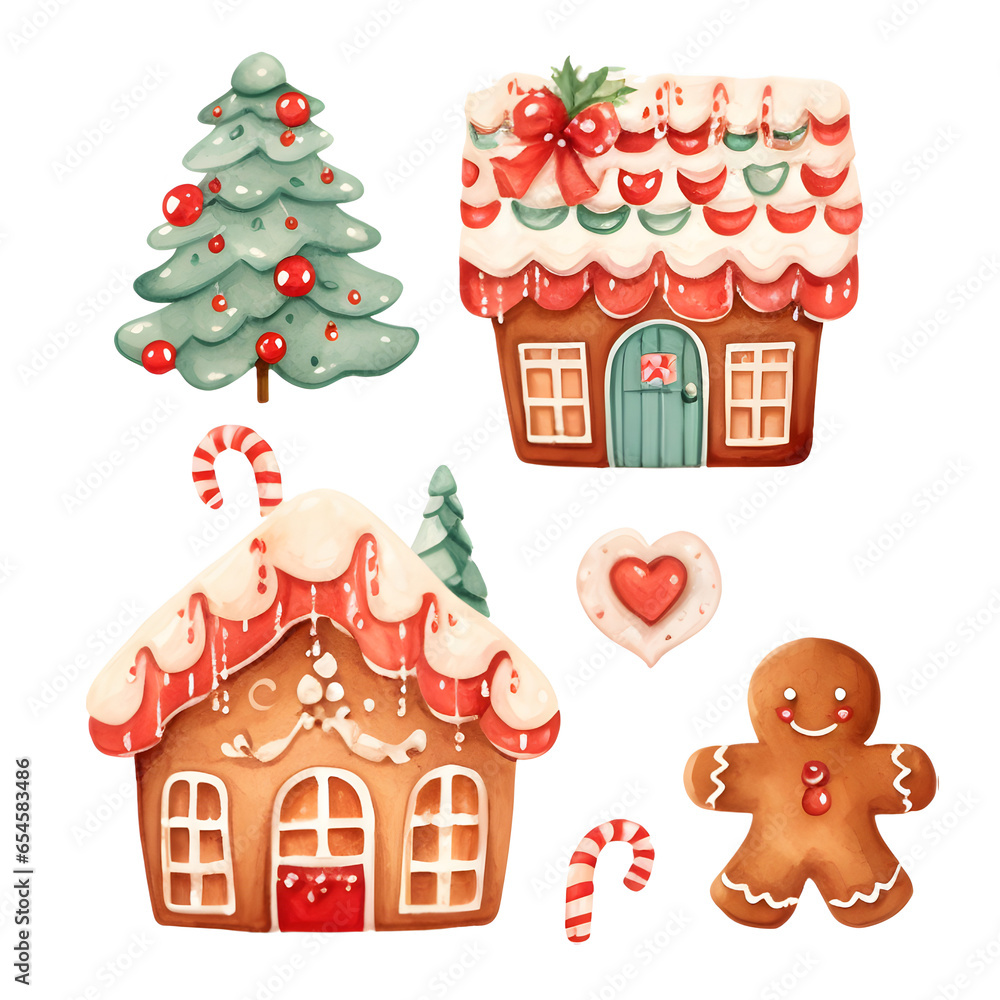 Set watercolor Christmas festive gingerbread house with frosting and icing, heart, gingerbread man, decorations, cookies, Christmas tree, isolated on white background, winter season, holiday