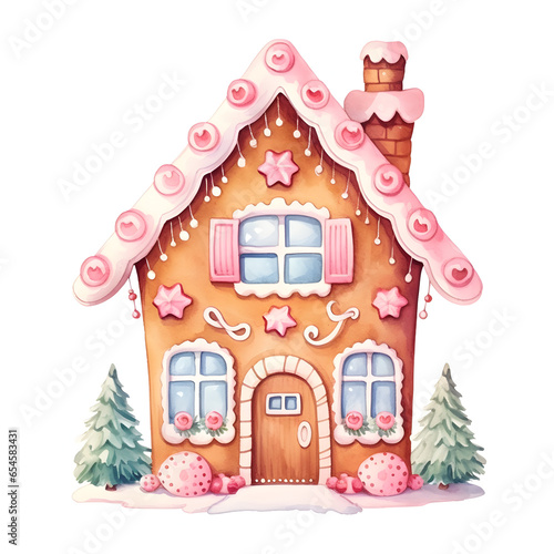 Watercolor Christmas festive gingerbread house with pink icing, blue windows, and trees in snow scene, isolated on white background, winter season, holiday