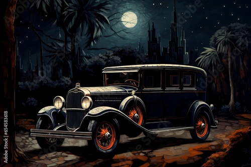 classic old car on the night road