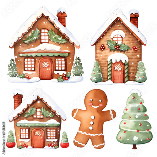 Set watercolor Christmas festive gingerbread house with frosting and icing, gingerbread man, decorations, cookies, trees isolated on white background, winter season, holiday