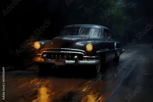 classic old car on the night road