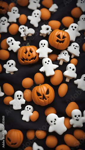 Halloween background with orange and white ghosts and pumpkins on black background