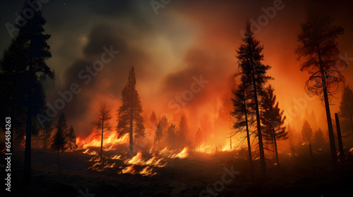 Depict a dramatic and intense scene of a forest fire. Visualize towering trees engulfed in raging flames, their branches crackling and the air filled with smoke. 