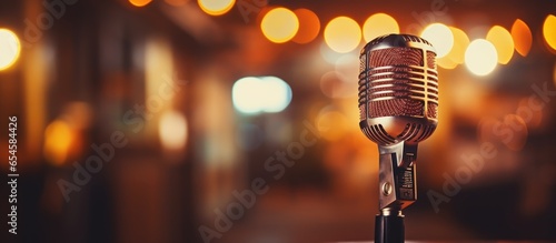 Vintage microphone on restaurant stage with blurred backdrop