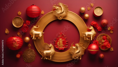 Chinese New Year Decoration Over Red Background. 3d Rendering