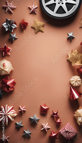 Top view of christmas decoration on brown background with copy space.