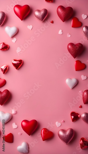 Valentine's day background with red and white hearts on pink