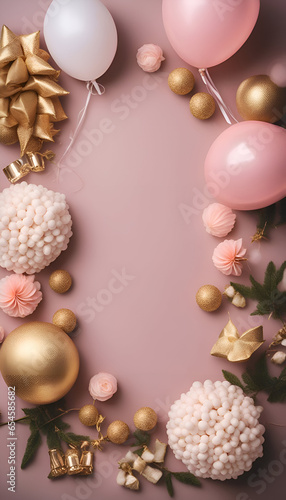 Festive decoration with balloons and flowers on pink background. flat lay