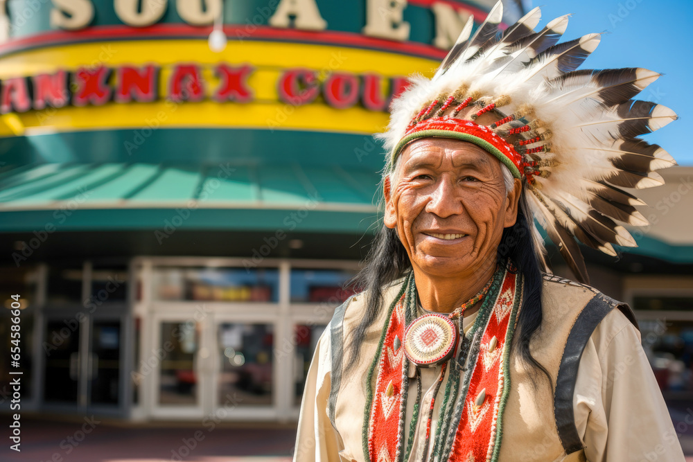 Portrait of a Native American, posing in front of a casino