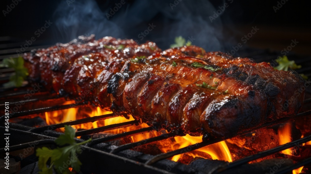 Delicious barbecue ribs on the grill. Generative AI. 