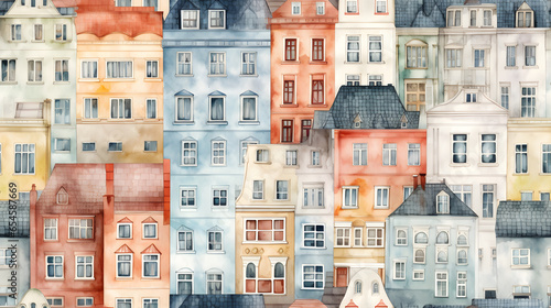 Seamless Tile, Watercolor Architecture, Urban Buildings, Repeating Image - Generative AI